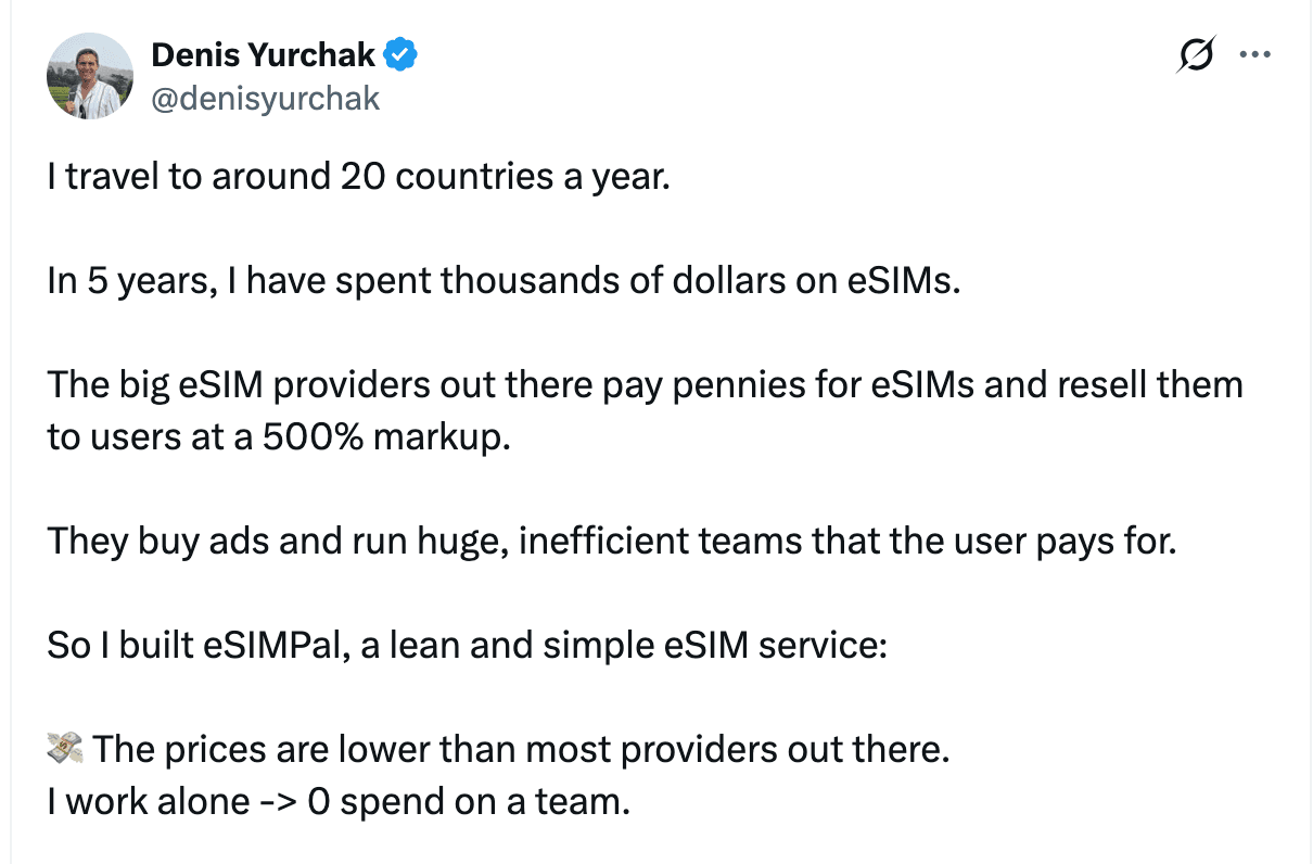 Denis Yurchak X post about building EsimPal